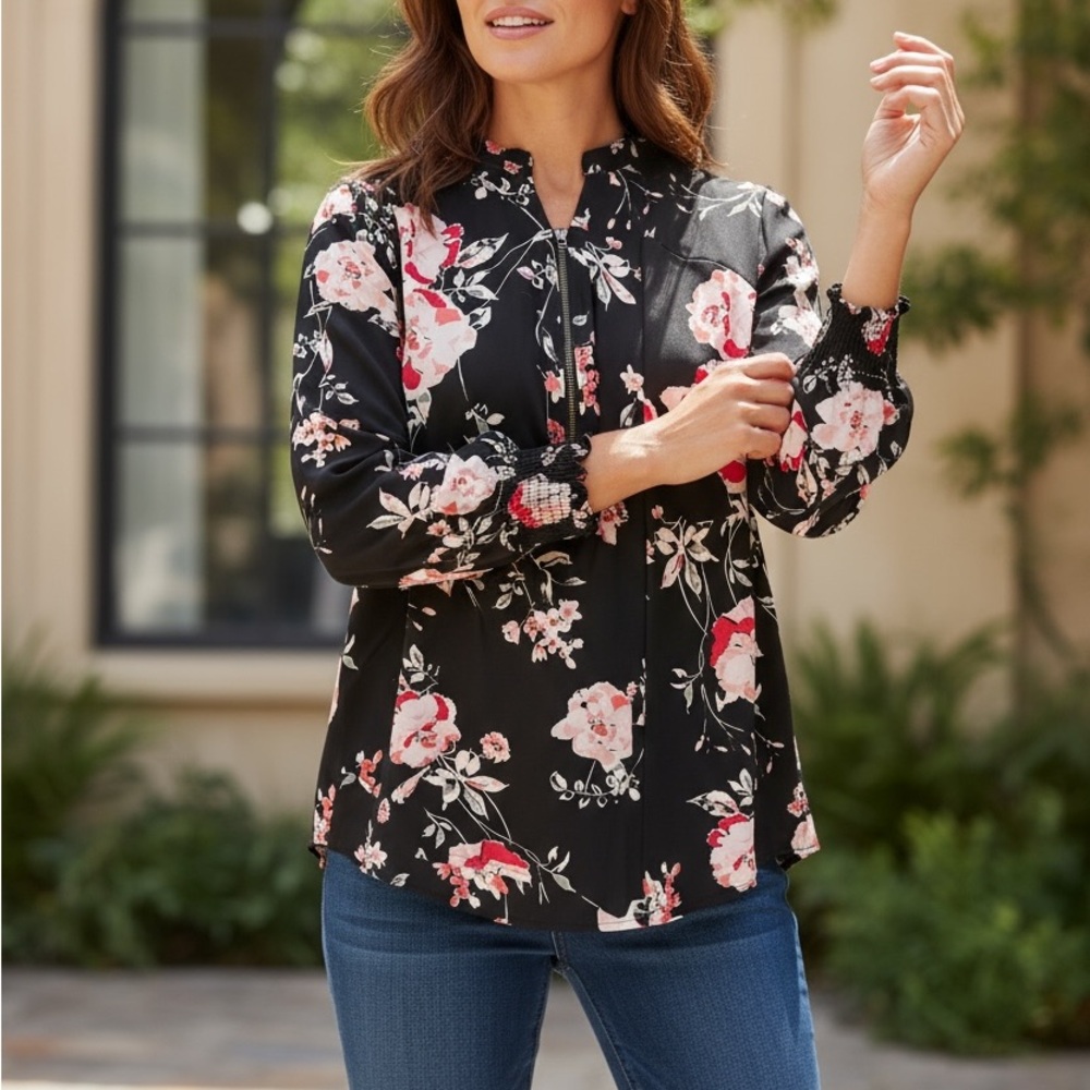Maurices Womens Size XL Blouse Black Long Sleeve Floral Print Zip Front